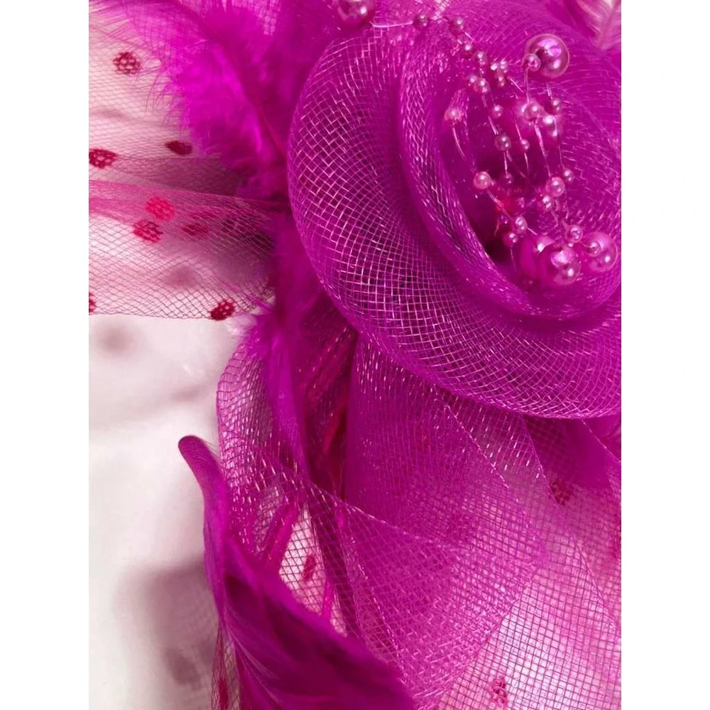 Fuchsia Fascinator Hair Clip Feather Pearl Polka Dot Mesh Tea Party Royal Luxury